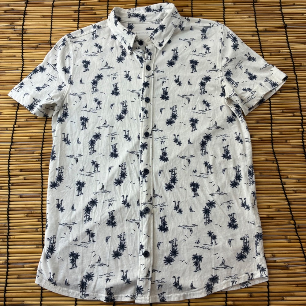 Abercrombie Kids Boys White Tropical Palm Tree Sailboat Button Down Shirt 13/14